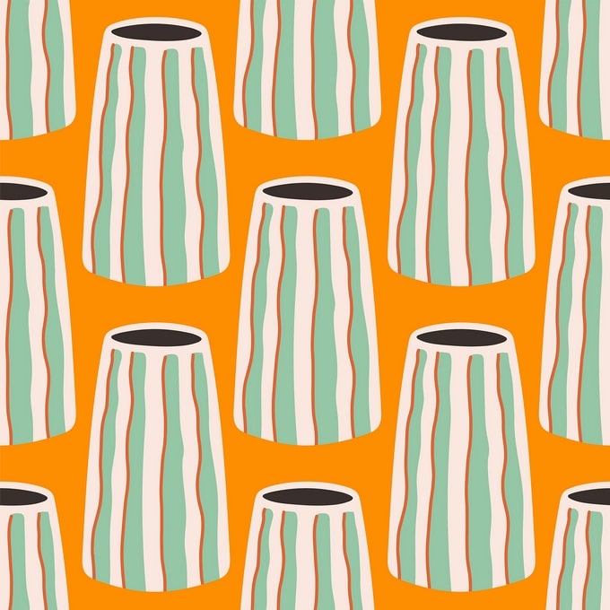 Seamless pattern of striped mint, cream and rust ceramic vases on orange