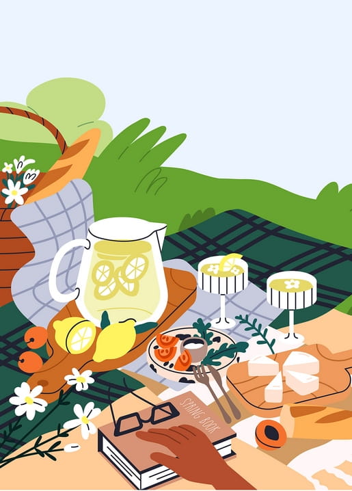 Illustrierte Picknickszene mit Limonadenkrug, Käsebrett und karierter Decke
