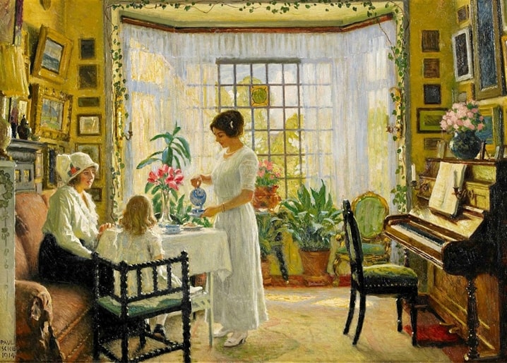 Paul Gustave Fischer painting of a mother pouring tea for a child and grandmother by a sunny window