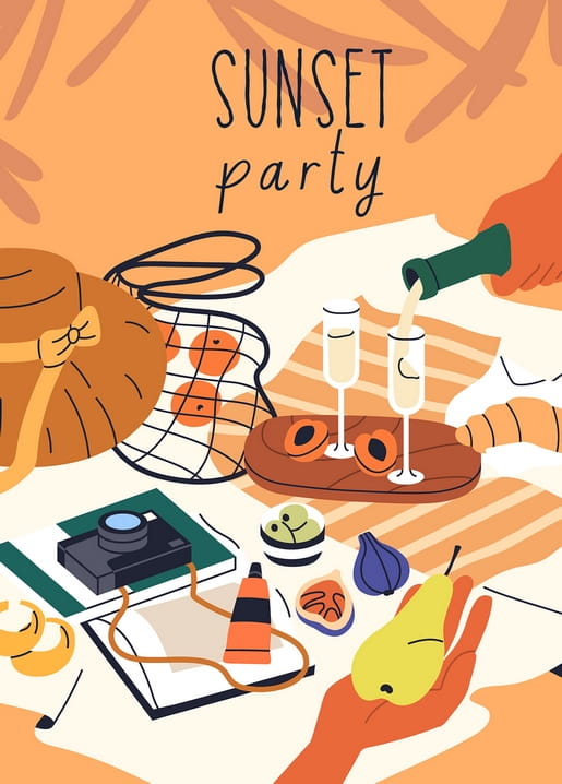 Illustration eines Sonnenuntergangs-Picknicks mit Sekt, Birne, Feigen und einer Tasche Aprikosen