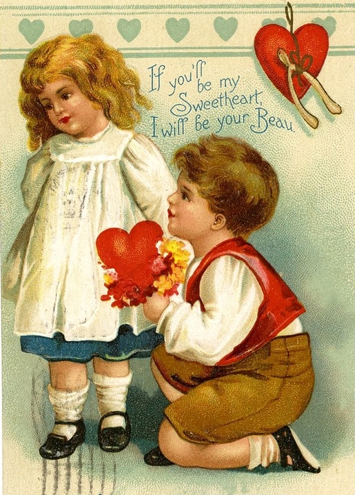 Vintage illustration of a girl in white and a boy offering a heart of flowers, with a Sweetheart verse
