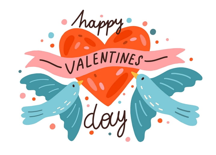 Zwei türkisfarbene Vögel halten ein Band um ein rotes Herz mit „Happy Valentine's Day“