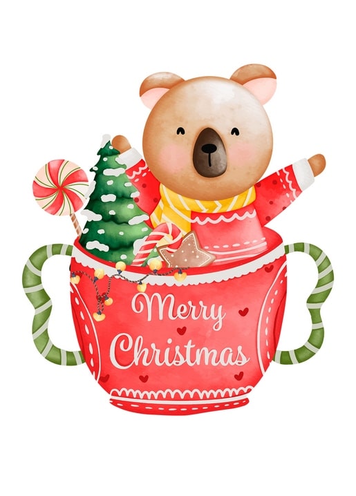 Aquarell-Teddybär schaut aus roter Weihnachtstasse mit Zuckerstange und Mini-Baum