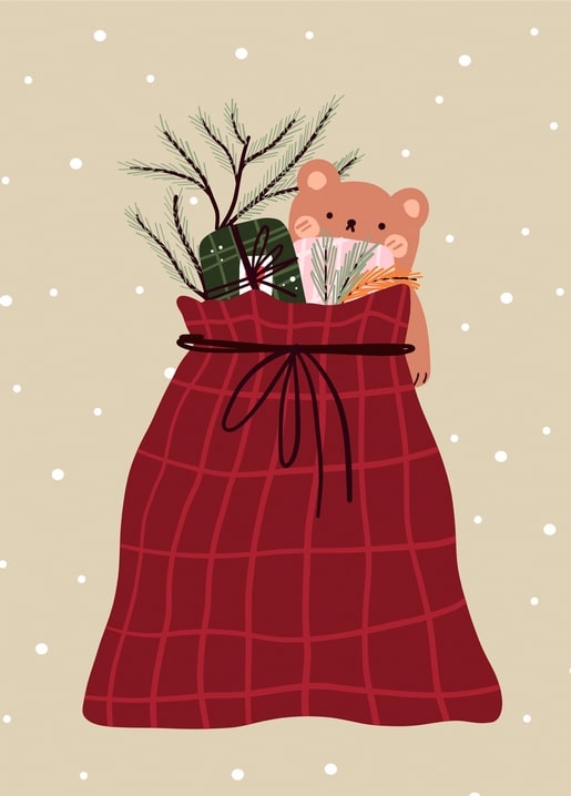 Rot karierter Weihnachtssack mit Teddybär, Tannenzweigen und verpacktem Geschenk