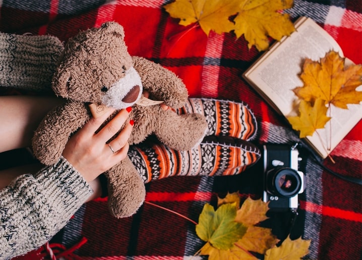 Teddybär in gestrickten Handschuhen neben Vintage-Kamera und Buch auf einer Karodecke