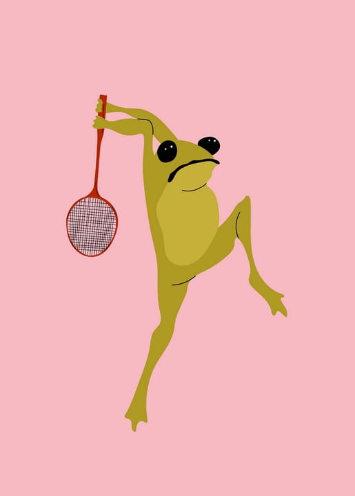Illustrierter grüner Frosch mit rotem Tennisschläger auf pinkem Hintergrund