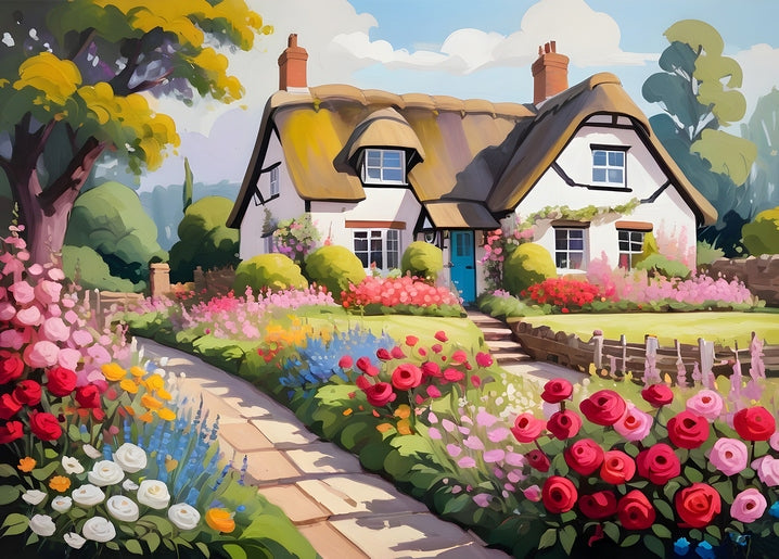 Illustration of a thatched English cottage with a teal door and rose-lined garden path