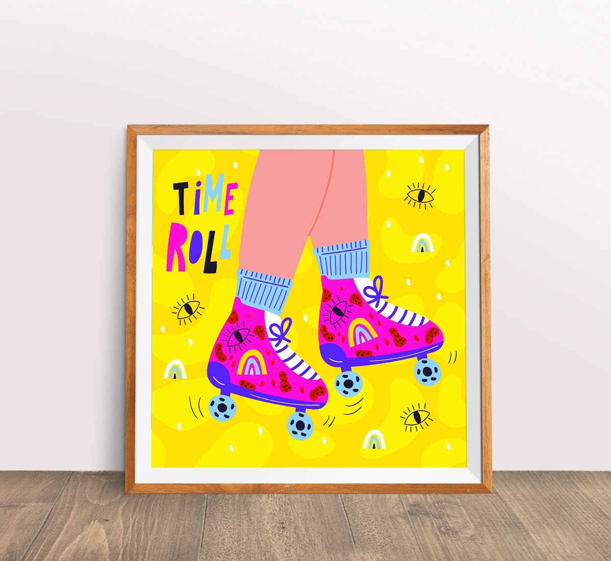Framed ‘Time Roll’ roller skate poster leaning against a wall on a wood floor