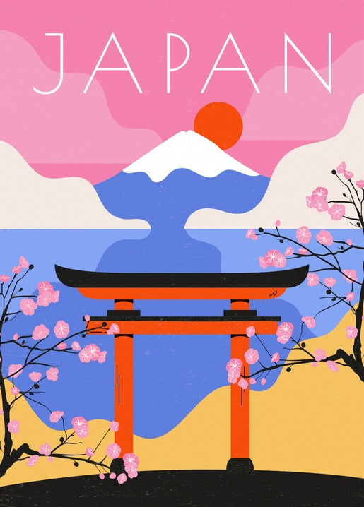 Illustration eines roten Torii-Tors mit Kirschblüten und dem Fuji