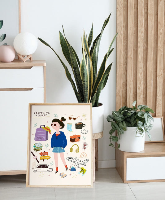Framed traveling poster leaning on a dresser beside a snake plant and pothos