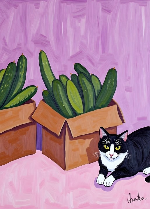 Illustrierte schwarz-weiße Katze sitzt neben Kisten voller Gurken
