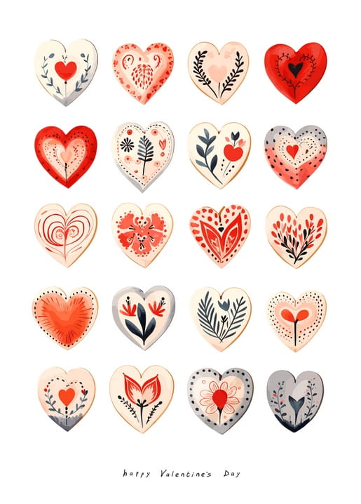 Raster aus zwanzig Folk-Art-Herzen in Creme, Rot und Grau über einem Valentinsgruß