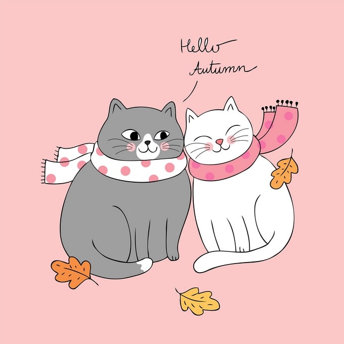 Grey and white cat illustration cuddling in polka-dot scarves with falling autumn leaves