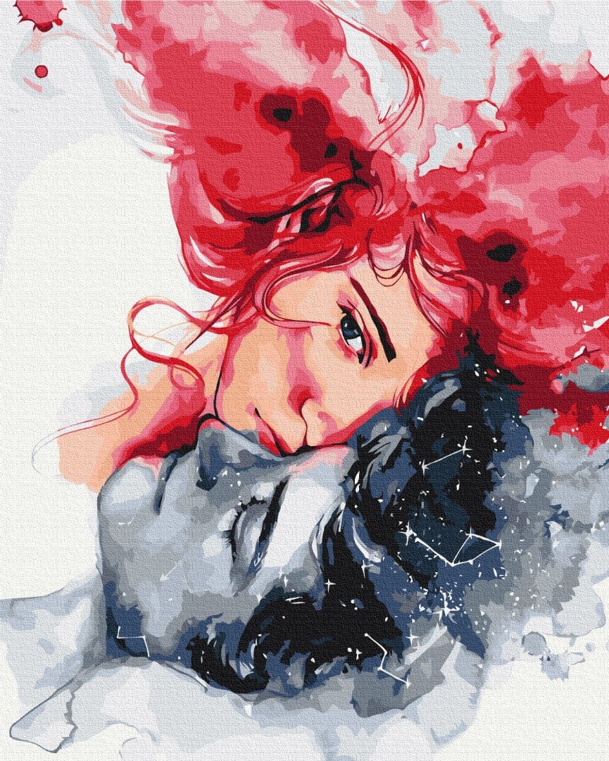 Zwei verschmolzene Profile — feuriges rotes Haar und ein sternenklarer Indigo-Himmel
