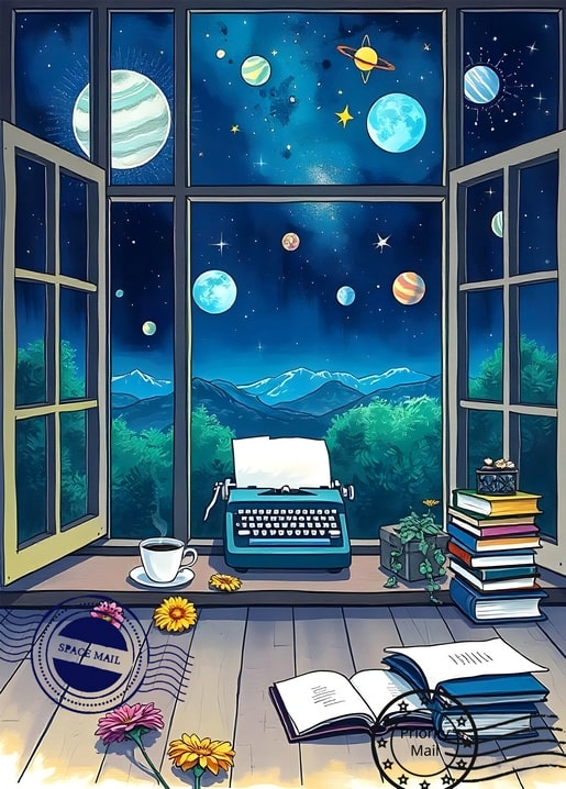 Schreibmaschine, Kaffee und Bücher auf der Fensterbank vor Bergen und Planeten