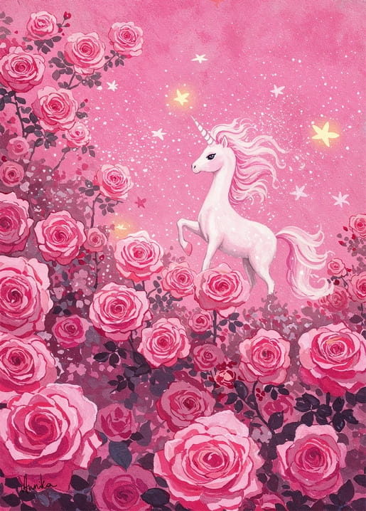 White unicorn rearing among blooming pink roses under a starry pink sky