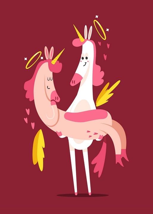 Two pastel unicorns embracing with halos, wings and floating hearts on maroon background