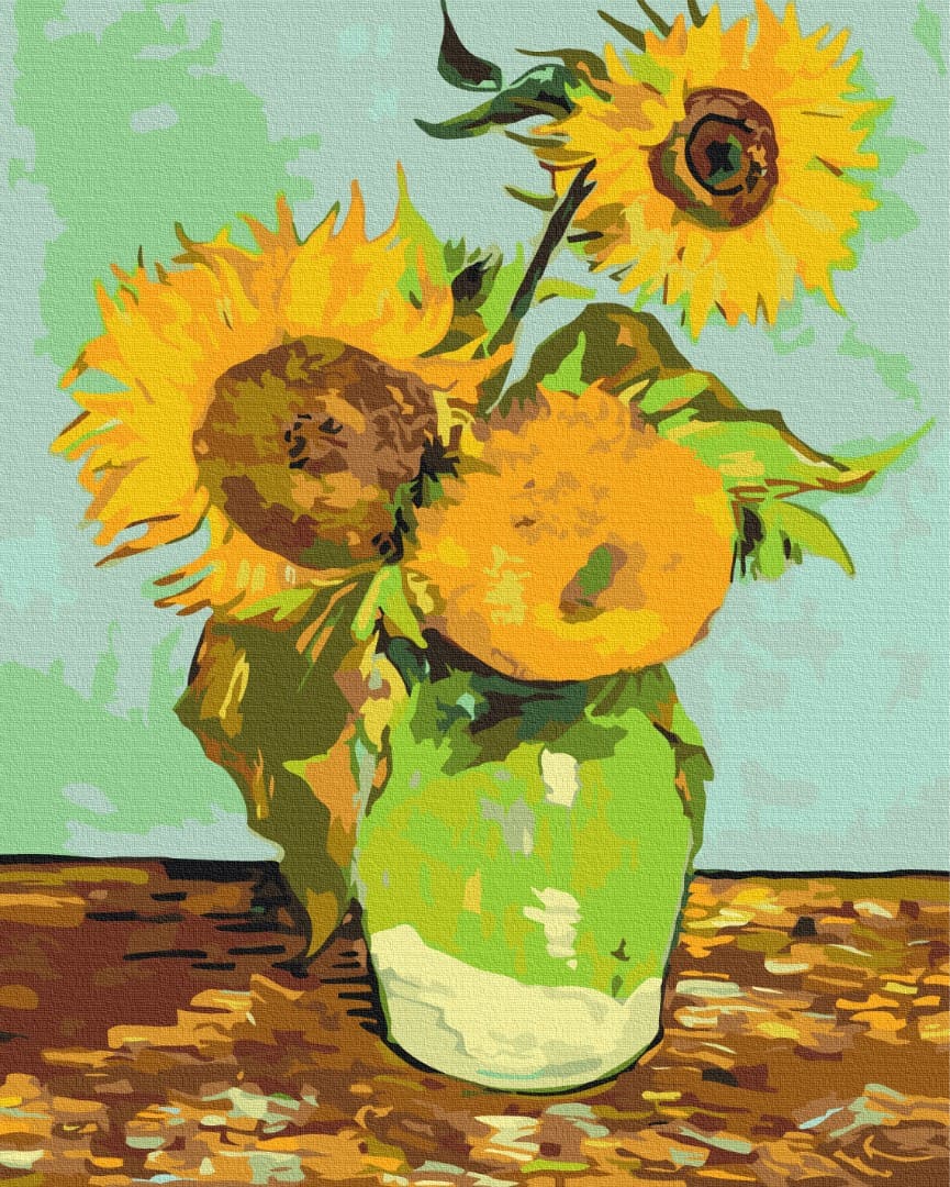 Reproduktion von Van Goghs „Drei Sonnenblumen“ in grüner Vase vor Mintgrün