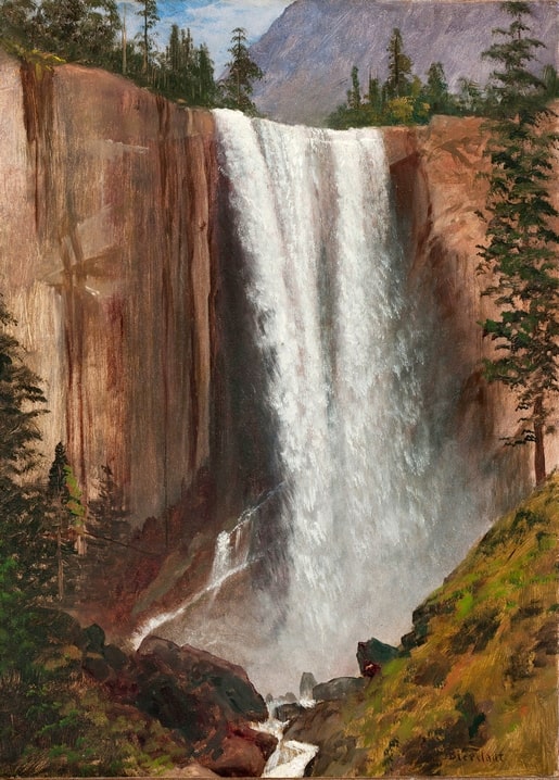 Oil painting of Vernal Fall waterfall cascading through a granite canyon, by Albert Bierstadt