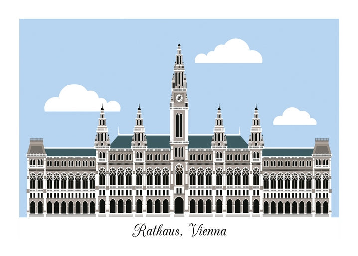 Illustration des Wiener Rathauses vor blauem Himmel mit Wolken