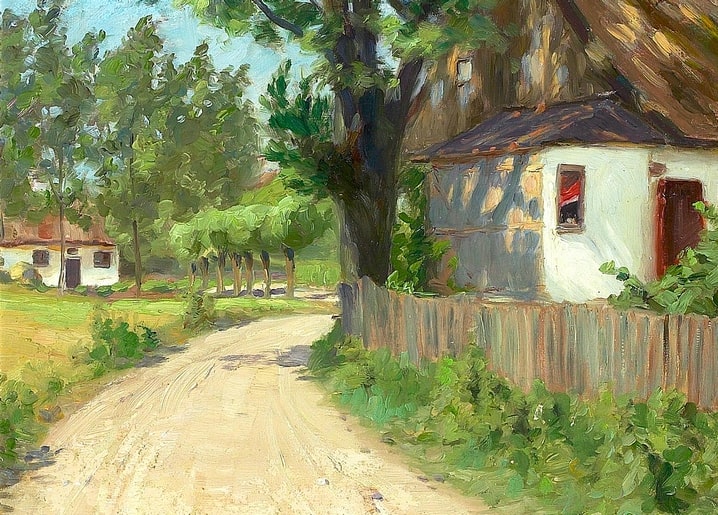 Shaded dirt lane past a whitewashed Danish farmhouse with a cat watching from the window, painting by Brendekilde