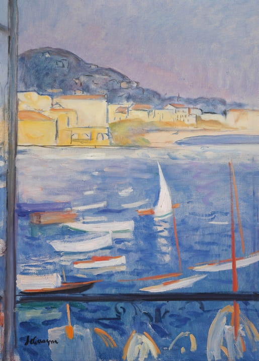 View of Villefranche-sur-Mer harbor with sailboats, seen through an open window, painting reproduction.