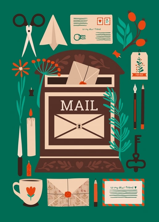 Illustrierter Briefkasten voller Briefe, Umschläge und Hagebuttenzweig