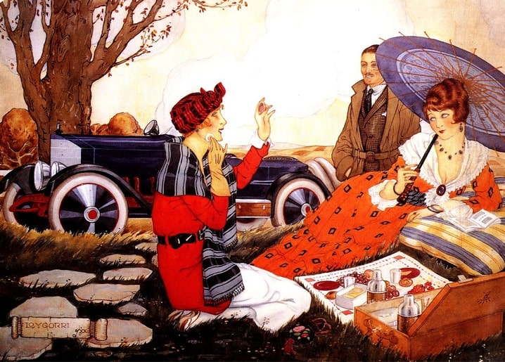 Retro-Illustration eines Picknicks am Oldtimer mit Frauen in Kleidern der 1920er