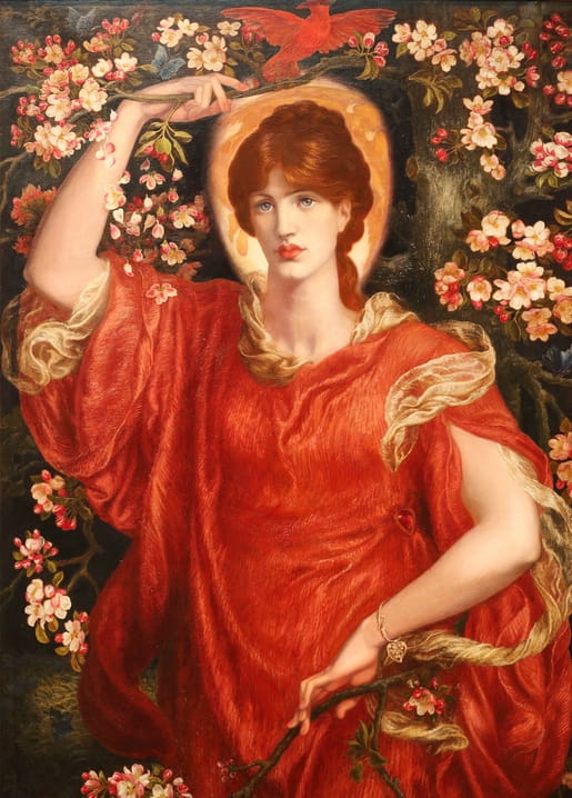 Dante Gabriel Rossetti's A Vision of Fiammetta — woman in red robe with blossom and a scarlet bird