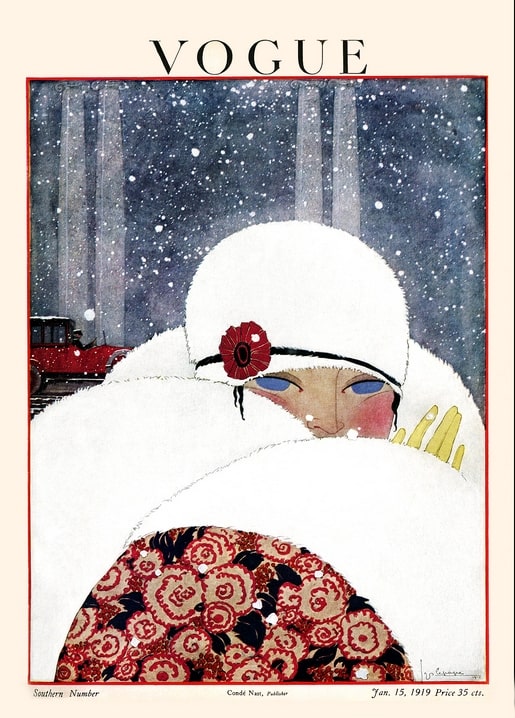 1919 Vogue cover of a woman in a white fur hat and floral coat with snow falling and a red car behind