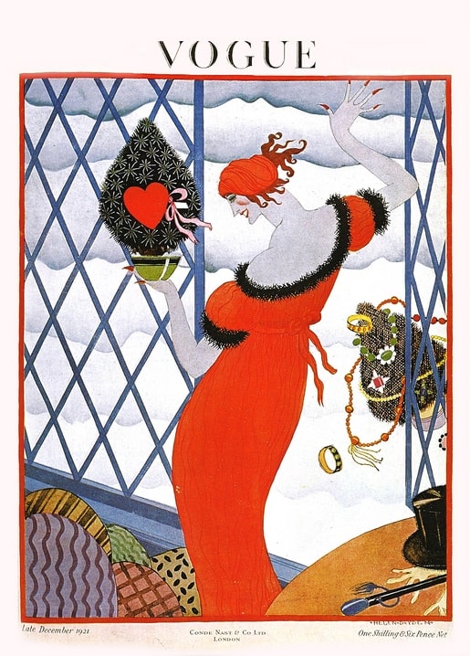 1921 Vogue cover of a woman in a red dress holding a heart-topped topiary by a jewelry shop window
