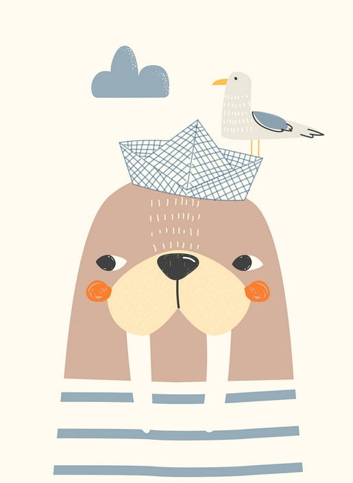 Illustrated walrus in a sailor shirt wearing a paper boat hat with a seagull on top