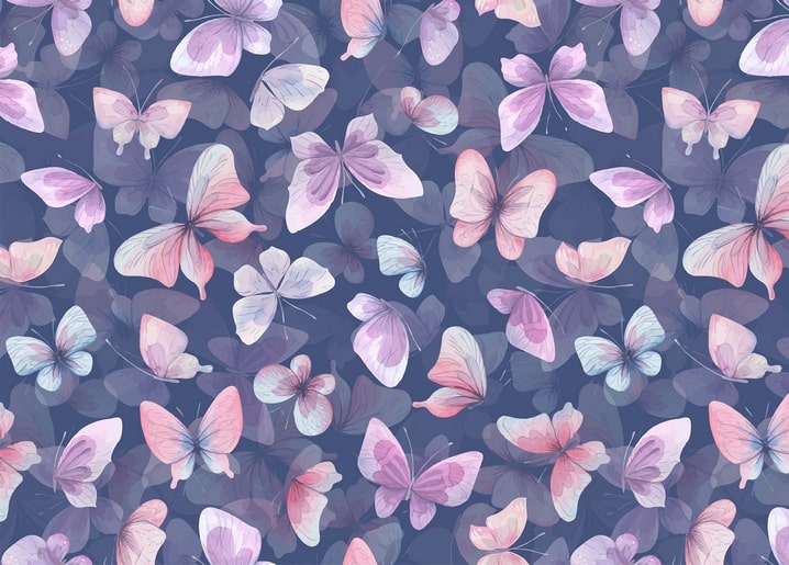 Seamless watercolor pattern of pink, lilac, and blue butterflies on a deep purple background