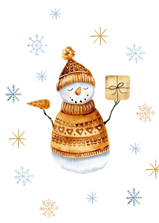 Aquarell-Schneemann im Herzchenpullover mit Geschenk zwischen Schneeflocken