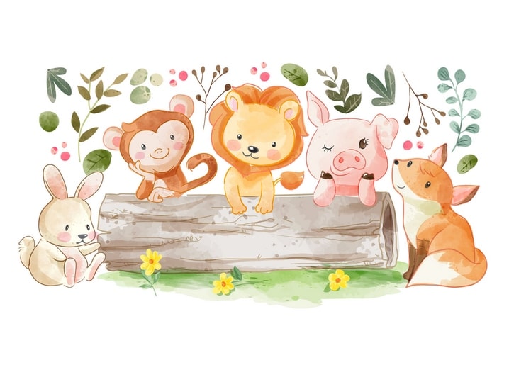 Aquarell-Illustration mit Hase, Fuchs, Affe, Löwe und Ferkel auf einem Baumstamm zwischen Blumen