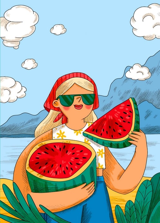 Illustrated postcard of a woman in a red bandana holding watermelon slices by a mountain lake
