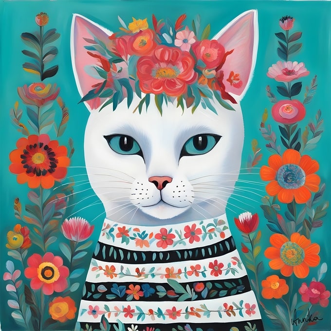 Illustrierte weiße Katze mit rotem Blumenkranz und geblümtem Streifenpullover auf Türkis