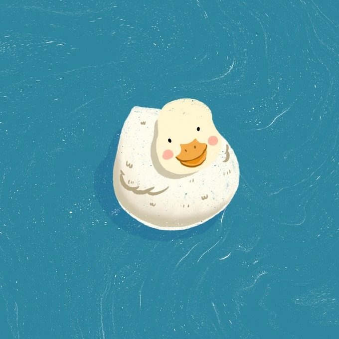Minimalist illustration of a white duck floating on blue water