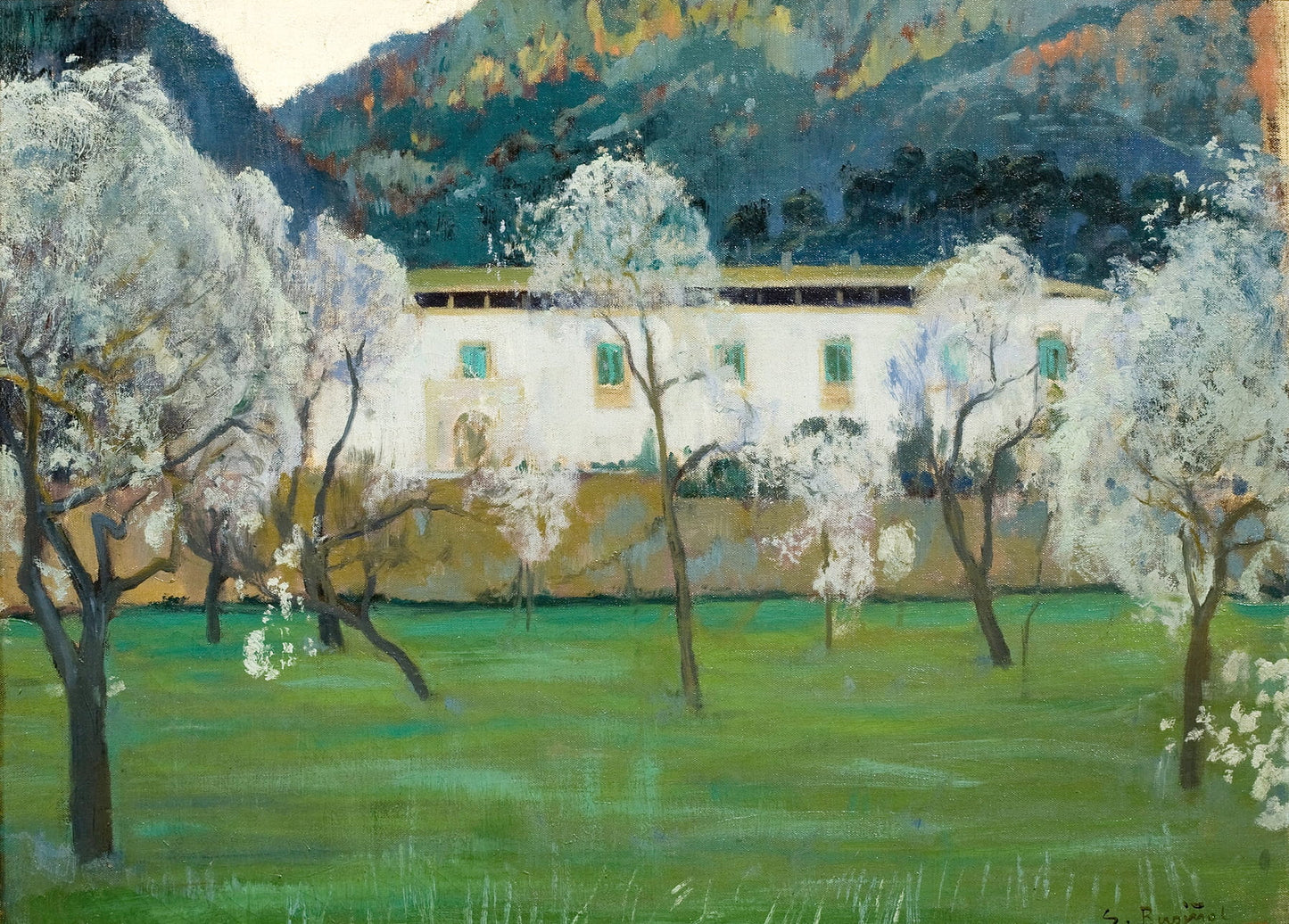 White farmhouse in Bunyola, Majorca, surrounded by blooming almond trees and blue mountains, painting by Santiago Rusiñol