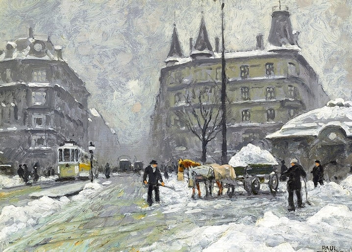 Gemälde von Paul Gustave Fischer: verschneite Kopenhagener Straße mit Straßenbahn und Pferdewagen