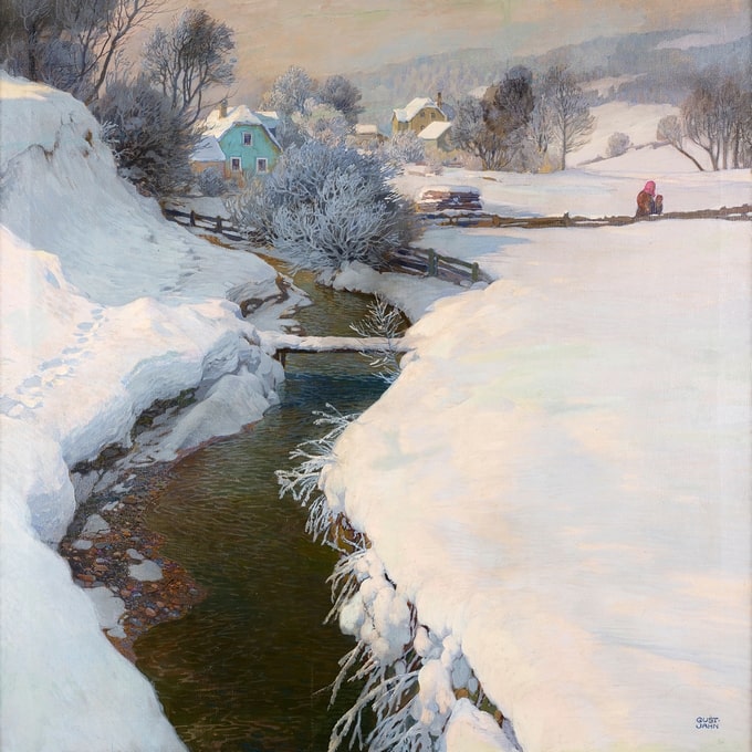 Halbgefrorener Bach durch ein verschneites Dorf mit pastellfarbenen Häusern, Gemälde 'Winter' von Gustav Jahn