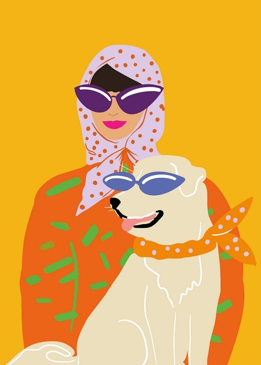 Illustrierte Frau mit gepunktetem Kopftuch und Sonnenbrille neben ihrem Hund mit passender Sonnenbrille