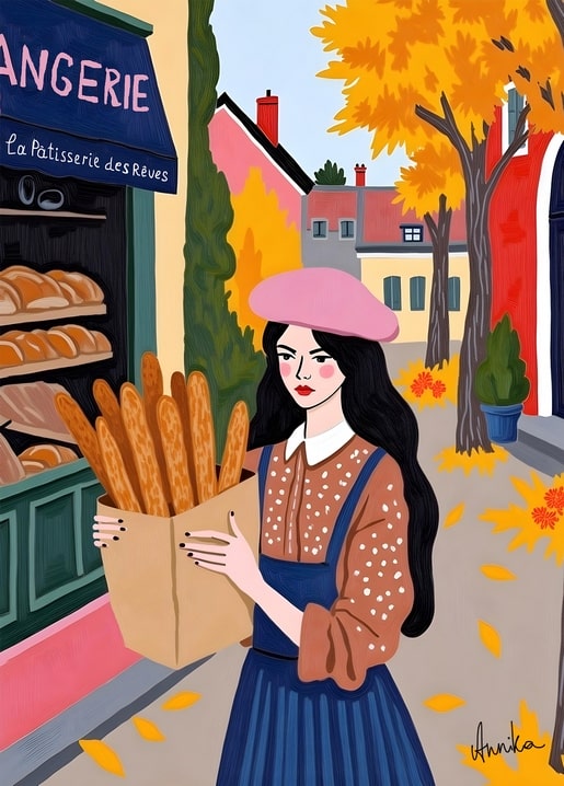 Illustration einer Frau mit rosa Barett und Baguettes vor einer Herbstbäckerei, Postkarte AnniKa