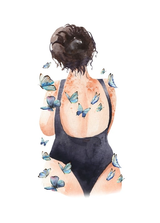 Watercolor illustration of a woman's back in a black swimsuit surrounded by blue butterflies