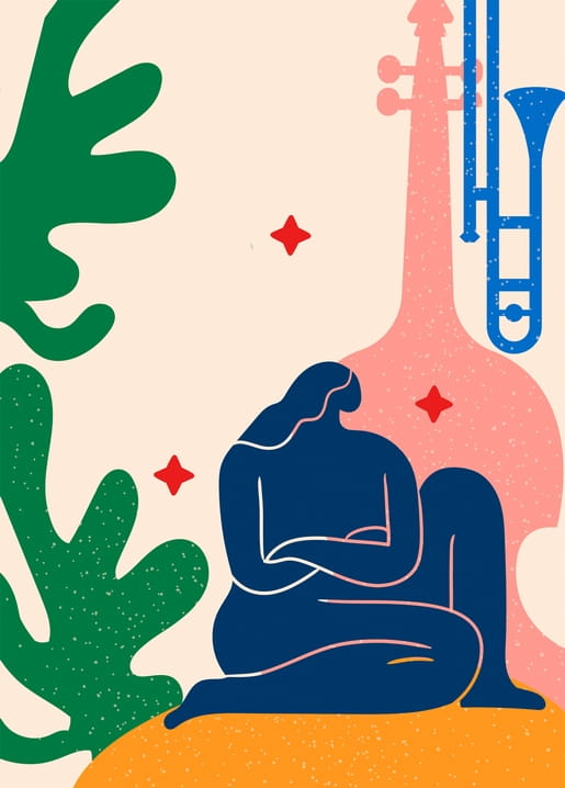 Мінімалістична листівка: дівчина сидить біля рожевої віолончелі та синього тромбона