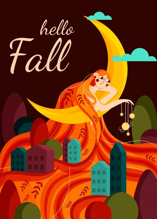 Illustration of a red-haired woman reclining on a crescent moon above a teal-roofed autumn town