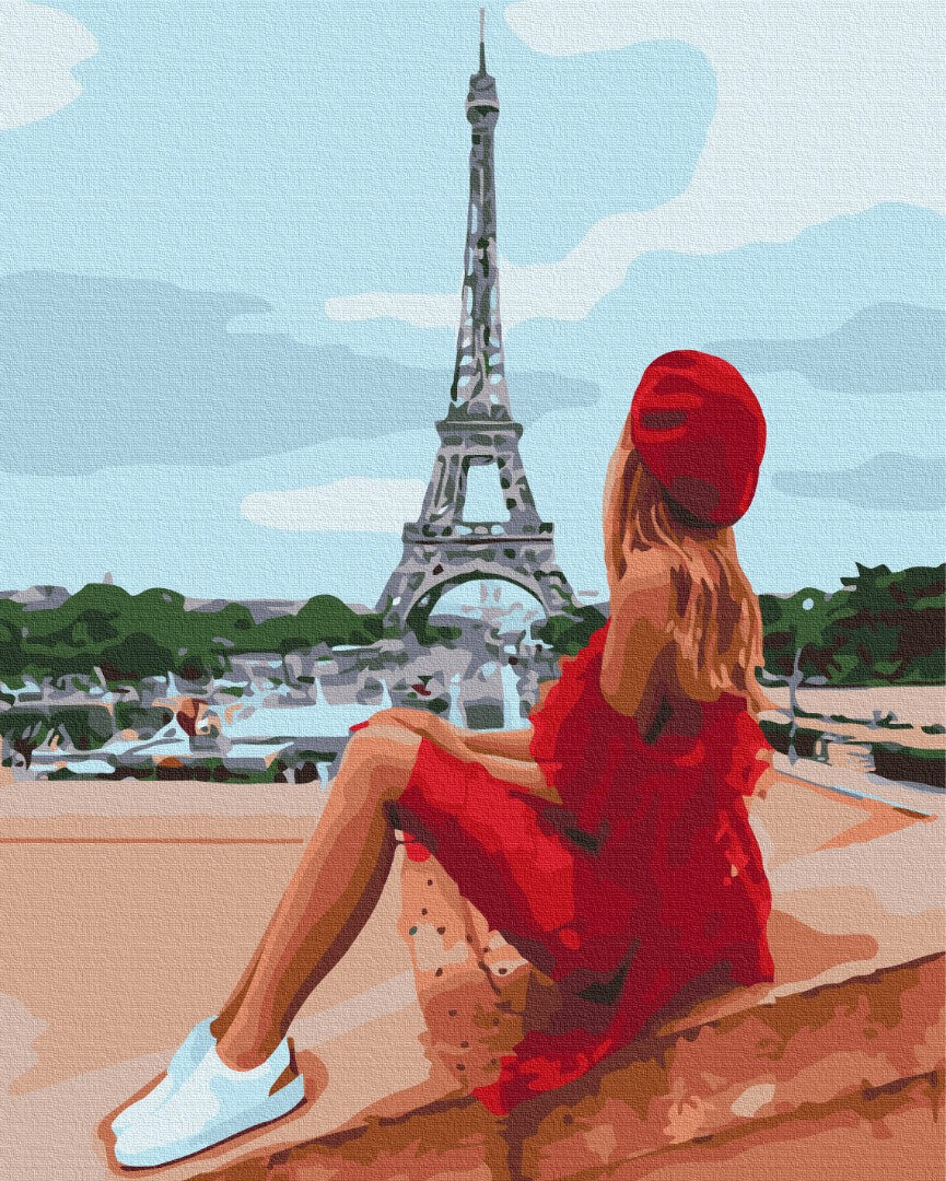 Illustrierte Frau in rotem Kleid und Barett vor dem Eiffelturm, Design zum Malen nach Zahlen