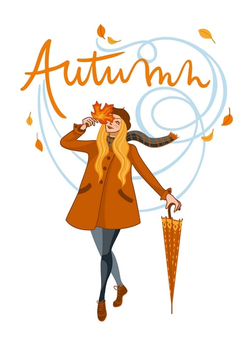 Woman in a rust-orange coat holding a maple leaf to her face and a folded umbrella