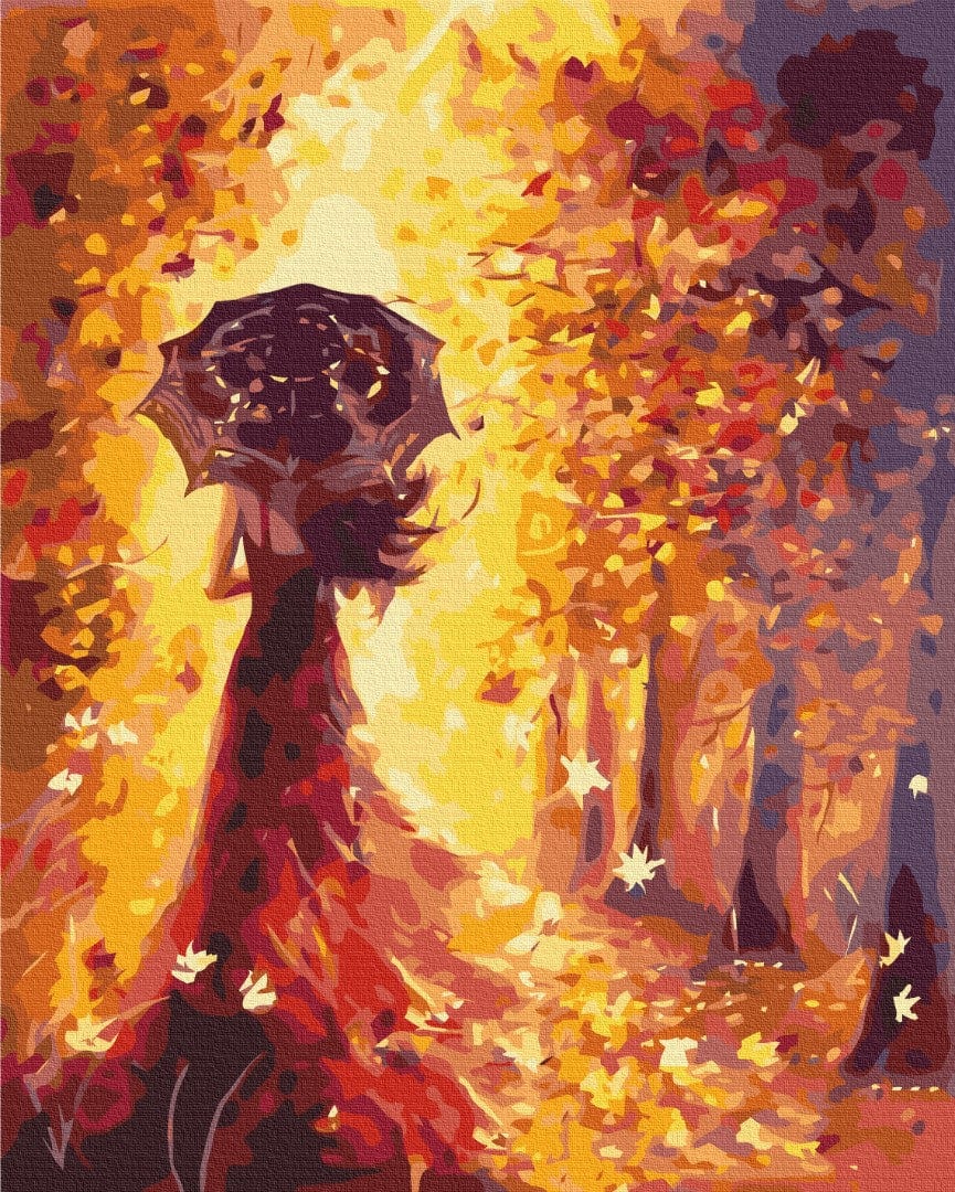 Frau in rotem Kleid mit Sonnenschirm im goldenen Herbstwald