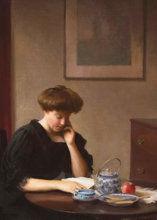 Painting of a woman reading a letter at a tea table with a teapot and apple, postcard by William Worcester Churchill